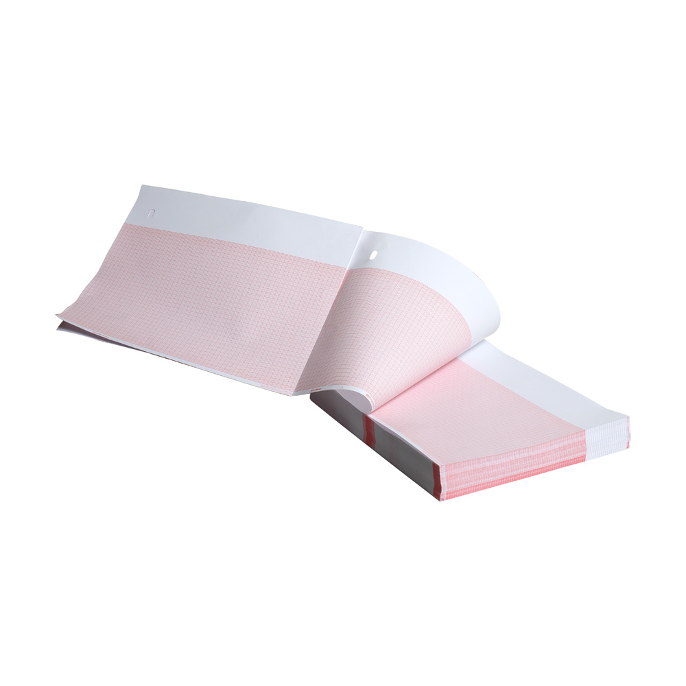 Thermal paper 8.5” x 11”, white patient data area, red grid 155mm wide, z-fold, hole queue, 300 sheets, 8 packs