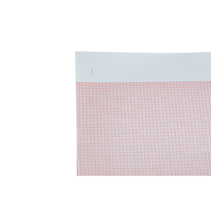 Thermal paper 8.5” x 11”, white patient data area, red grid 155mm wide, z-fold, hole queue, 300 sheets, 8 packs